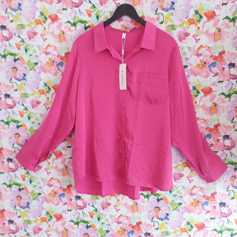 OMSJ 2XL Pink Fuschia Long Sleeve Front Button Blouse
